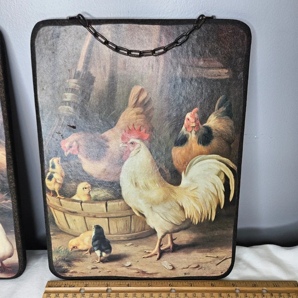 Vintage LBS Rooster Chicken Farmyard Wall Art Set of 2 Hanging Chain Plaque 12x9